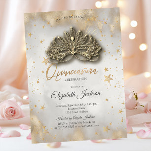 Invitación Masque Estrellas Celestiales Dorado Quinceañera