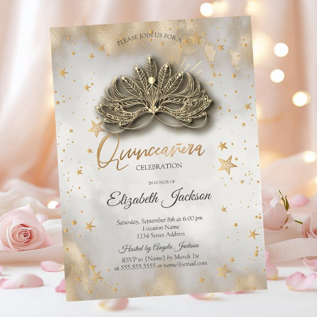Invitación Masque Estrellas Celestiales Dorado Quinceañera (Subido por el creador)