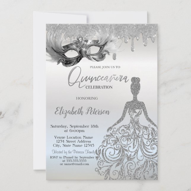 Invitación  Masque Glitter Dress Drips Silver Quinceanera (Anverso)