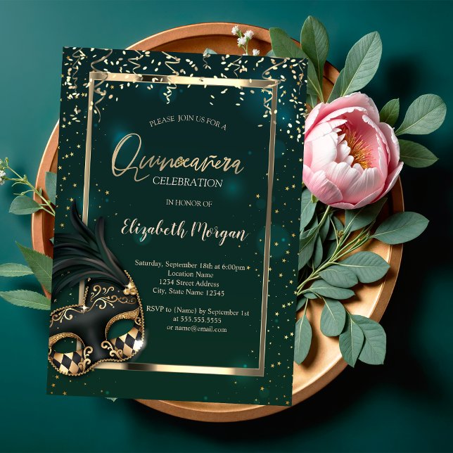 Invitación Masque, Marco, Confetti Green Quinceañera (Subido por el creador)