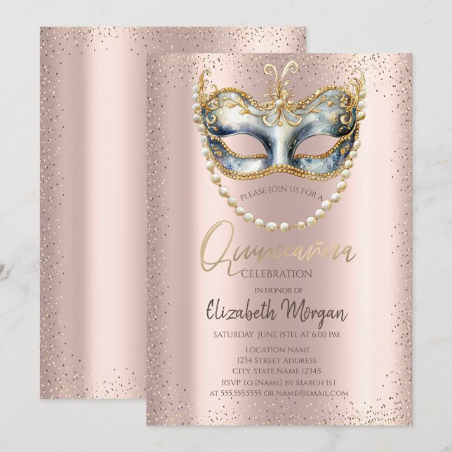 Invitación Masque, Pearls Confetti Rosa Oro Quinceañera (Anverso / Reverso)