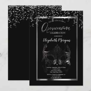 Invitación Masque plateado,Marco,Confetti Quinceañera