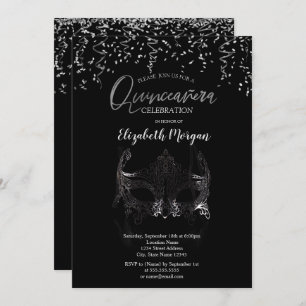 Invitación Masque plateado, Masquerada de Confetti Quinceañer