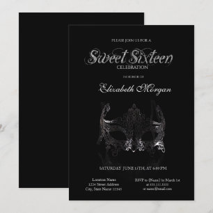 Invitación Masque plateado simple dulce negro 16
