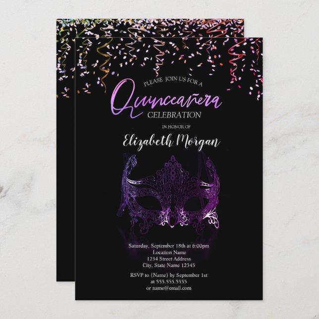 Invitación Masque púrpura, Mascarada Confetti Quinceañera (Anverso / Reverso)