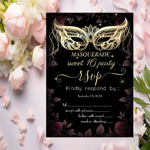 Invitación Masque Rosas Burdeos Oscuro Negro 80 Dulce 16 RSVP