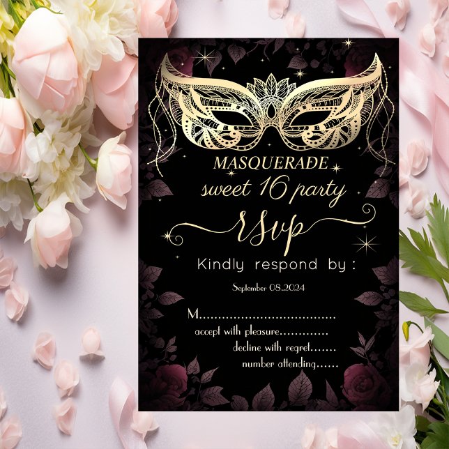 Invitación Masque Rosas Burdeos Oscuro Negro 80 Dulce 16 RSVP (Subido por el creador)
