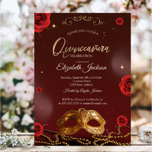 Invitación Masque Rosas Perlas Borgoña Quinceanera