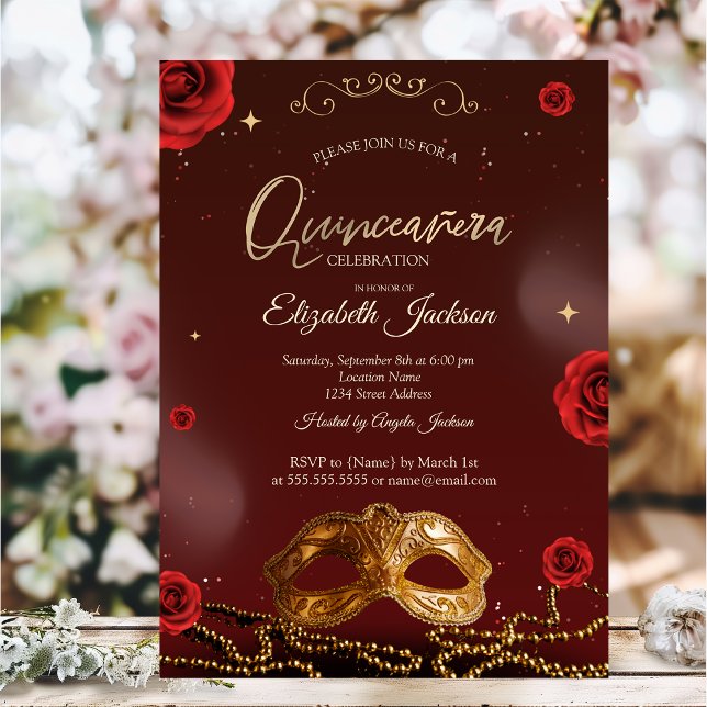 Invitación Masque Rosas Perlas Borgoña Quinceanera (Subido por el creador)