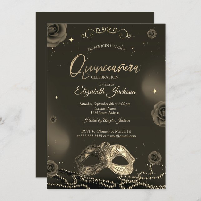 Invitación Masque Rosas Perlas Gray Quinceanera (Anverso / Reverso)