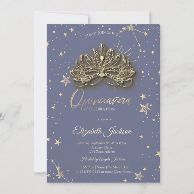 Invitación Masque Stars Pastel Lavander Quinceanera (Anverso)