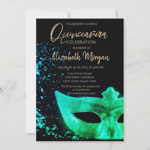 Invitación Masque verde, Confetti Quinceañera