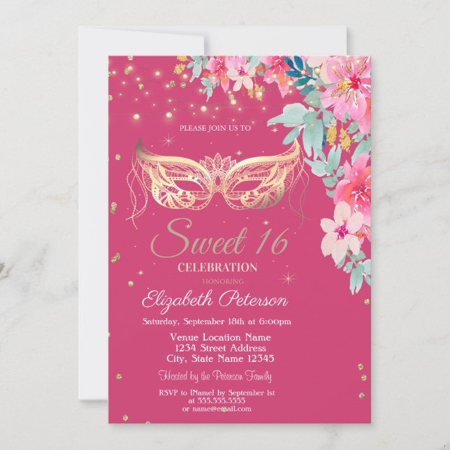 Invitación Masquer,Diamantes Flores de Primavera Dulces 16 (Anverso)