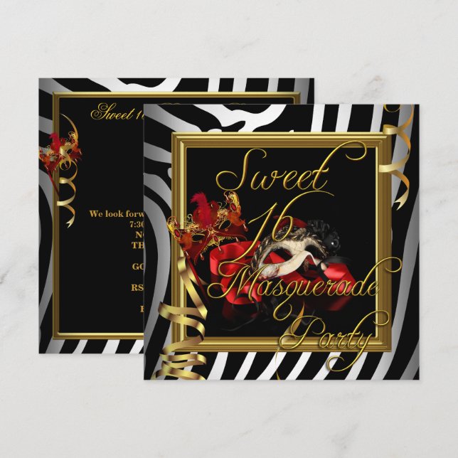 Invitación Masquerada Dulces 16 Dulces Dieciséis Cebra Rojo (Anverso / Reverso)