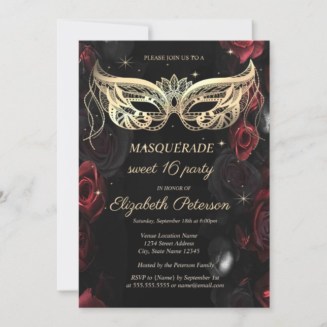 Invitación Masquerada Rosas Rojas Oscuras Gótico Cumpleaños 1 (Anverso)