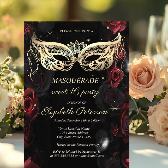 Invitación Masquerada Rosas Rojas Oscuras Gótico Cumpleaños 1 (Subido por el creador)