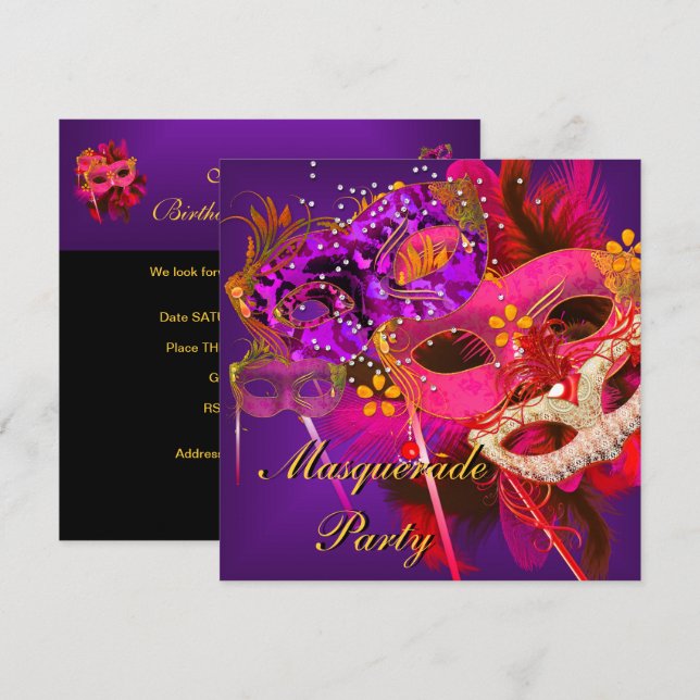 Invitación Masquerade Ball Fiesta Naranja rosa Máscara púrpur (Anverso / Reverso)
