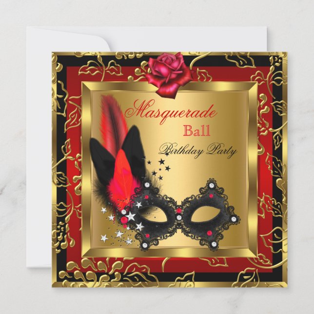 Invitación Masquerade Ball Gold Red Mask Rosa (Anverso)