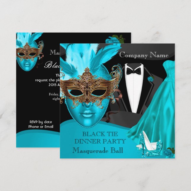 Invitación Masquerade Ball Verde azulado Black Tie Corporate  (Anverso / Reverso)