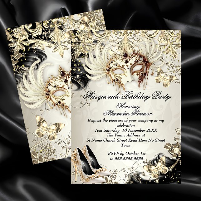 Invitación Masquerade birthday Gold Black Cream Butterfly (Subido por el creador)