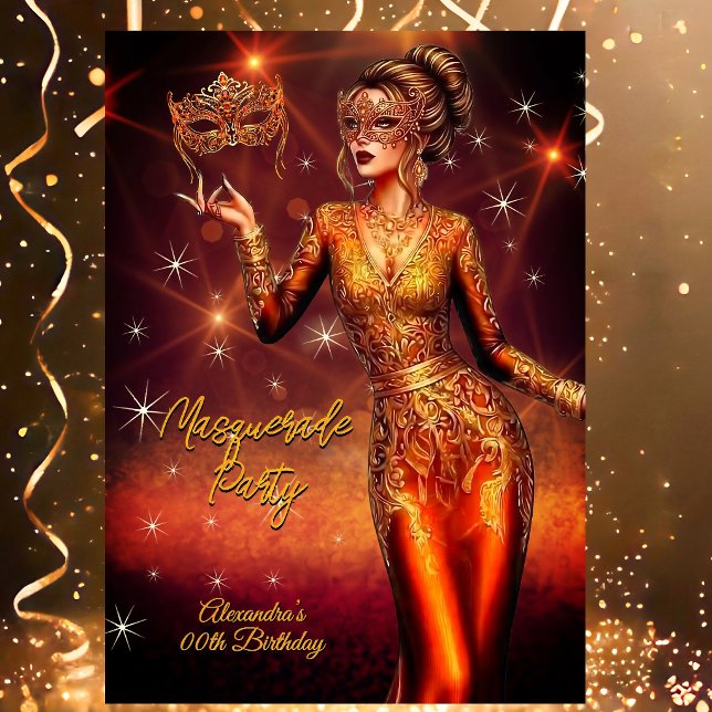 Invitación Masquerade Birthday Gold Copper Stunning Dress (Subido por el creador)