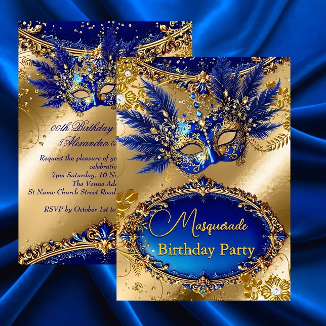 Invitación Masquerade birthday Party Gold Blue Mask Feathers (Subido por el creador)