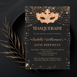 Invitación Masquerade black gold birthday party