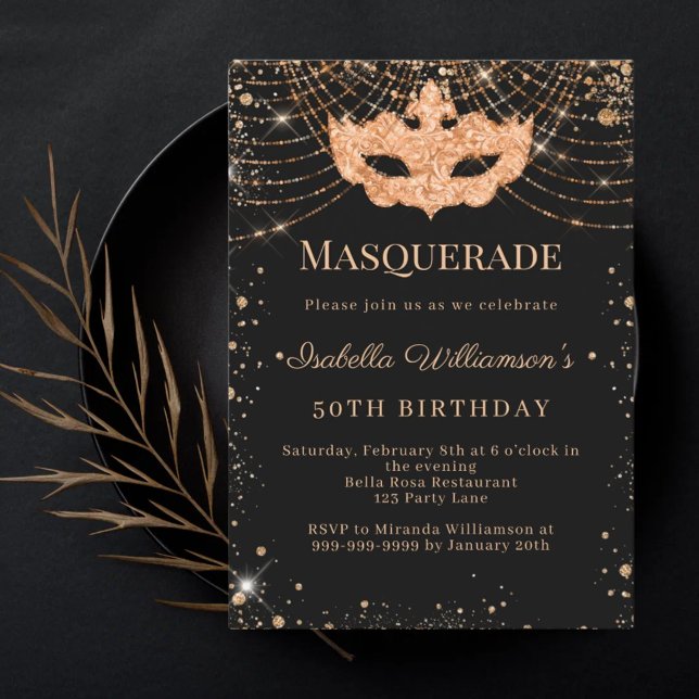 Invitación Masquerade black gold birthday party (Subido por el creador)