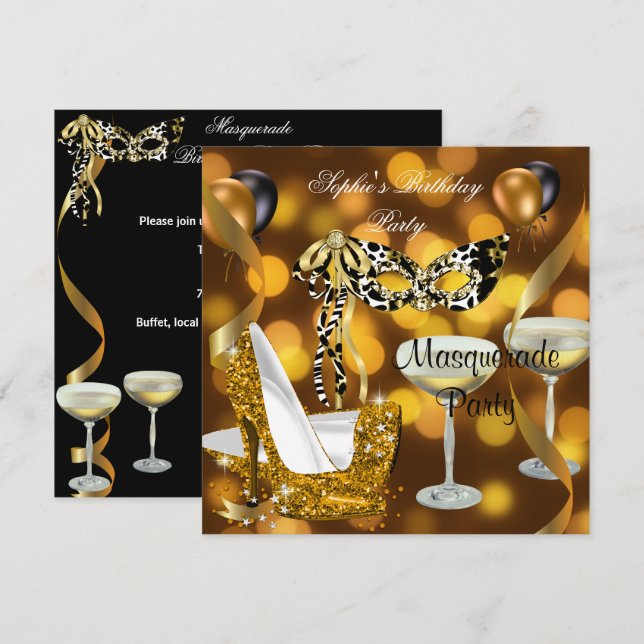Invitación Masquerade Cumpleaños Gold Stiletto Champagne 2 (Anverso / Reverso)