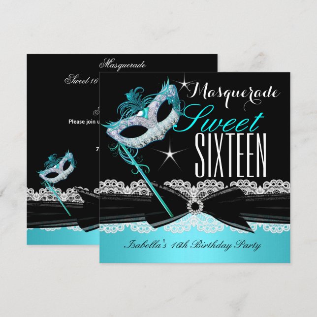 Invitación Masquerade Dulces Dieciséis Dulces 16 Azul Turques (Anverso / Reverso)