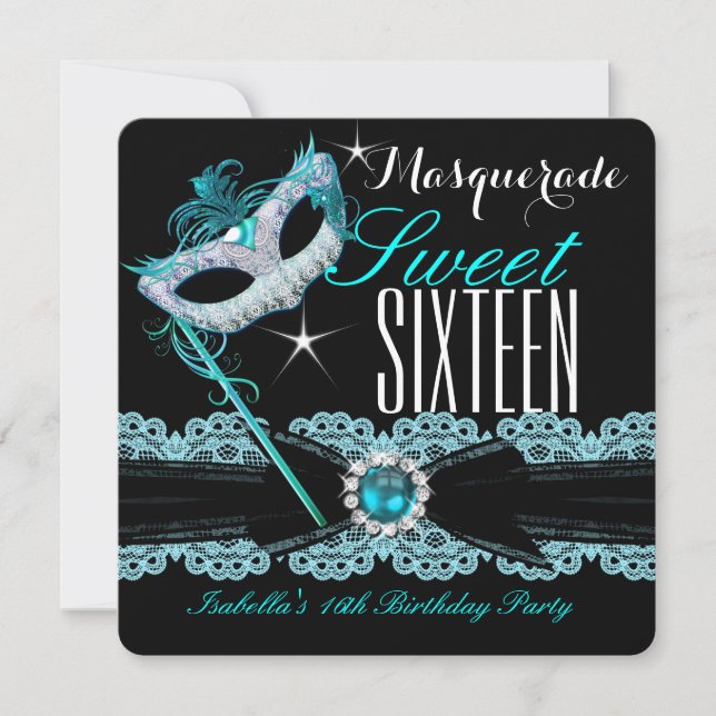 Invitación Masquerade Dulces Dieciséis Dulces 16 Azul Turques (Anverso)