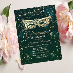 Invitación Masquerade, Estrellas Verdes  Quinceañera