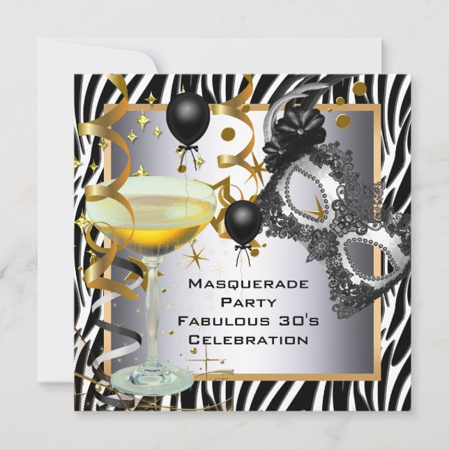 Invitación Masquerade Fabulous 30º Cebra Plata Dorado Negro (Anverso)