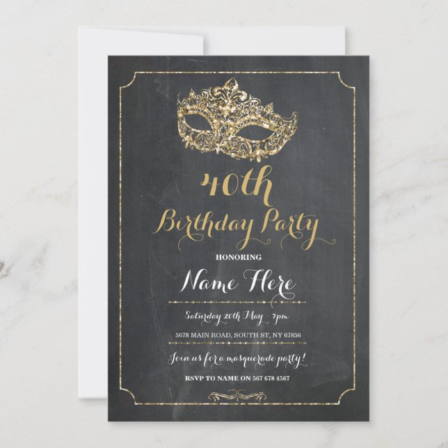 Invitación MASQUERADE Fiesta de cumpleaños Máscara de oro Inv (Anverso)
