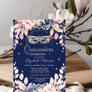 Invitación Masquerade, Flores Azules, Estrellas Doradas Quinc