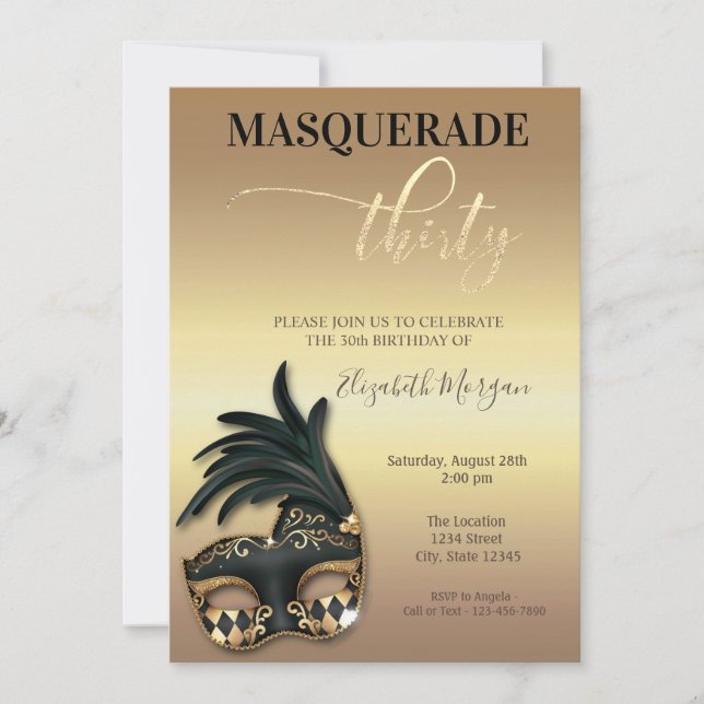 Invitación Masquerade Gold 30 cumpleaños  (Anverso)