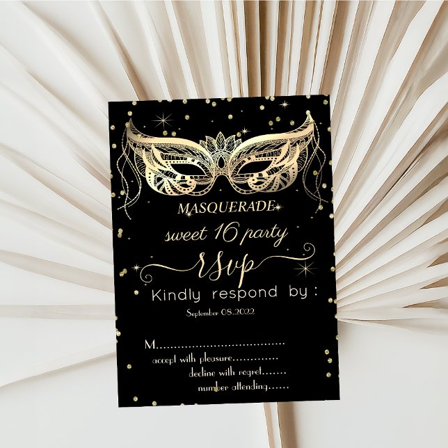 Invitación Masquerade Gold Diamantes Dulces 16 RSVP (Subido por el creador)