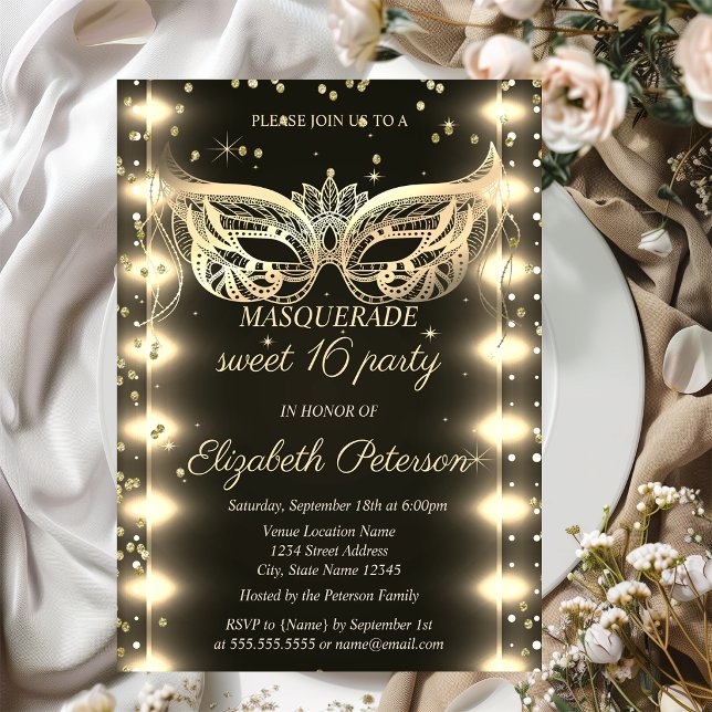 Invitación Masquerade Gold Diamantes Luces Sweet 16  (Subido por el creador)
