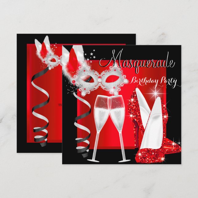 Invitación Masquerade Hi Heels Red Black Champagne Fiesta 2 (Anverso / Reverso)