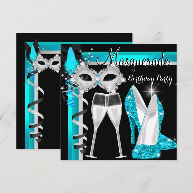 Invitación Masquerade Hi Heels Verde azulado Champán negro Fi (Anverso / Reverso)