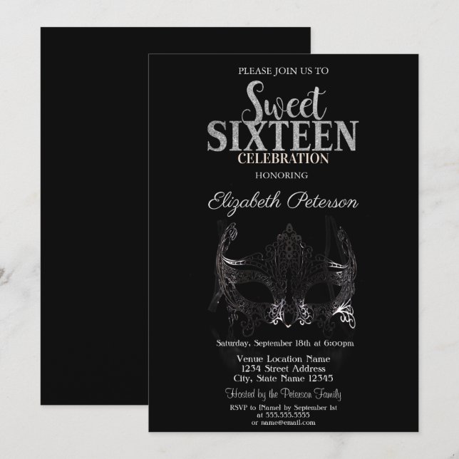 Invitación Masquerade, Máscara de Plata Sweet 16 (Anverso / Reverso)