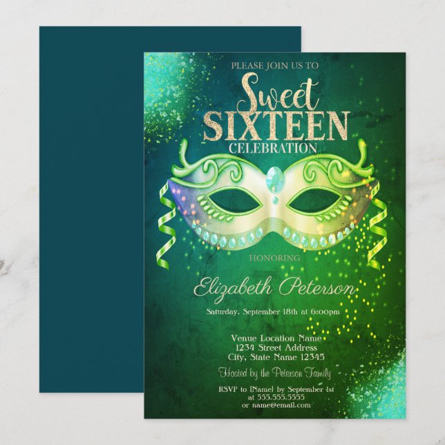 Invitación Masquerade, Máscara, Dulce 16 Verde Dorado (Anverso / Reverso)