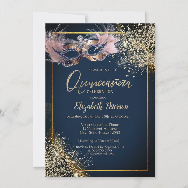Invitación Masquerade Masque Glitter Navy Blue Quinceanera (Anverso)
