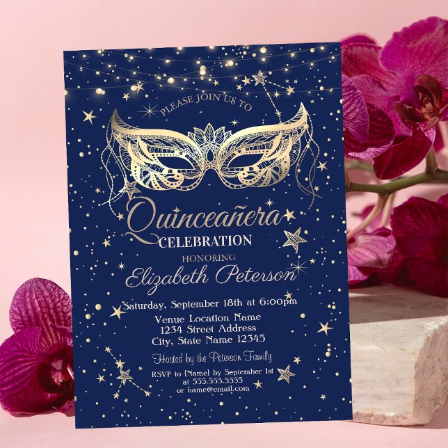 Invitación Masquerade, Navy Blue Stars  Quinceañera (Subido por el creador)