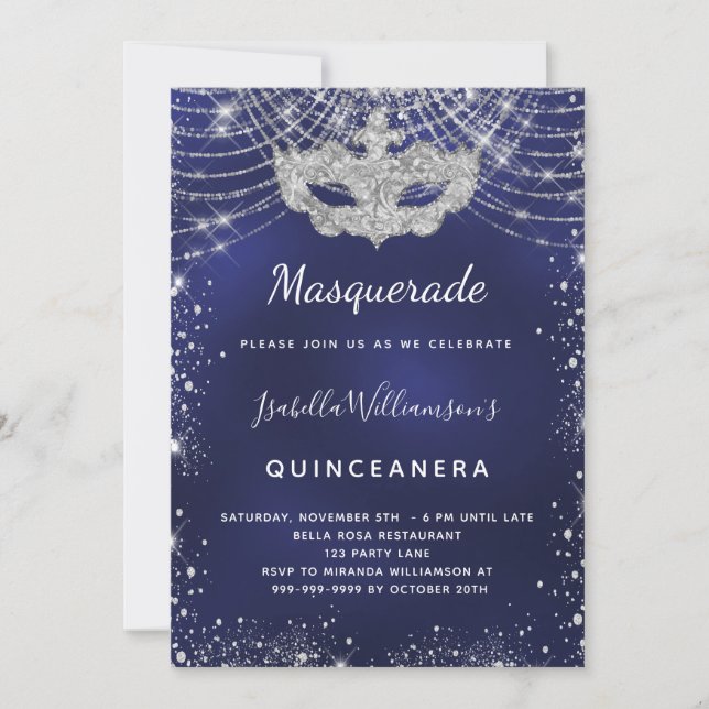 Invitación Masquerade plata azul marino Quinceanera fiesta (Anverso)