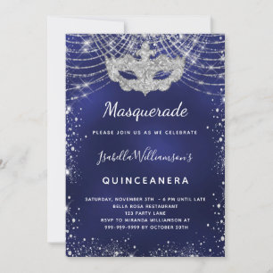 Invitación Masquerade plata azul marino Quinceanera fiesta