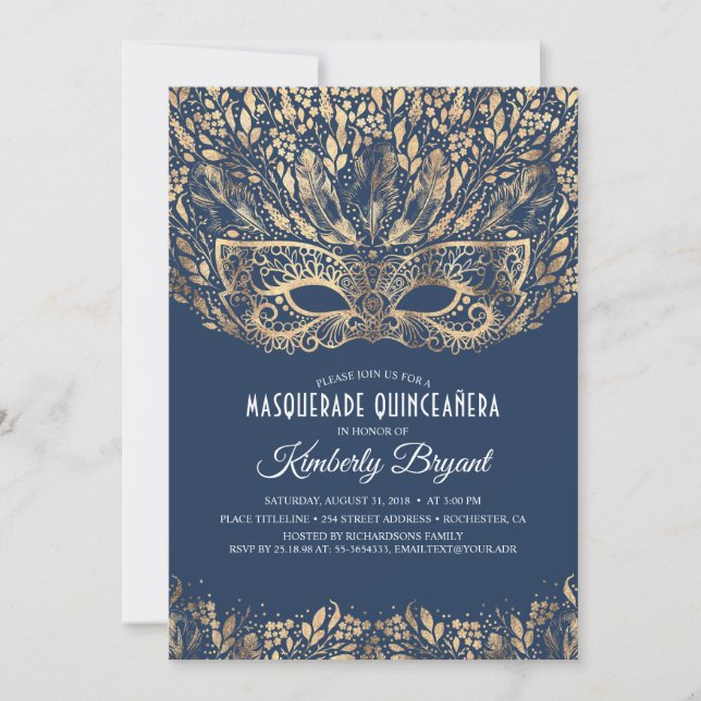 INVITACIÓN MASQUERADE QUINCEANERA 15ª FIESTA DE CUMPLEAÑOS (Anverso)