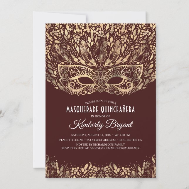 INVITACIÓN MASQUERADE QUINCEANERA 15ª FIESTA DE CUMPLEAÑOS (Anverso)
