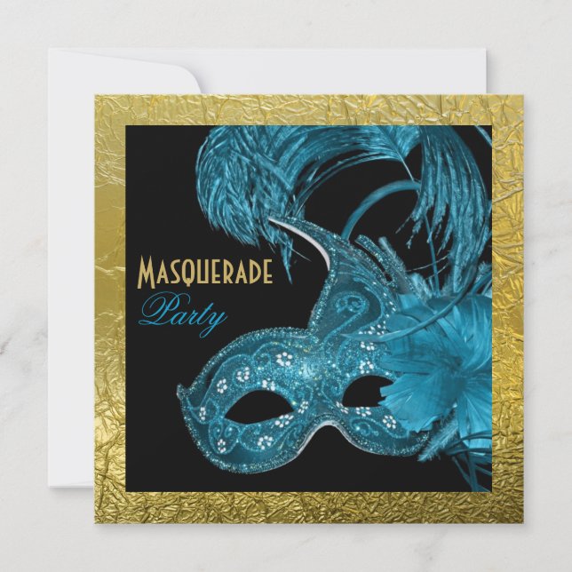 Invitación Masquerade quinceañera azul fiesta, Relieve metali (Anverso)