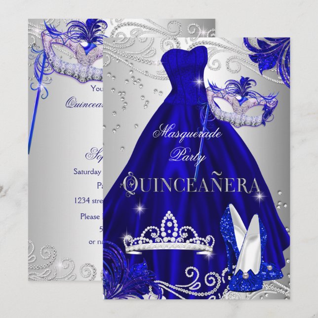 Invitación Masquerade Quinceanera Blue Silver Vestidos (Anverso / Reverso)